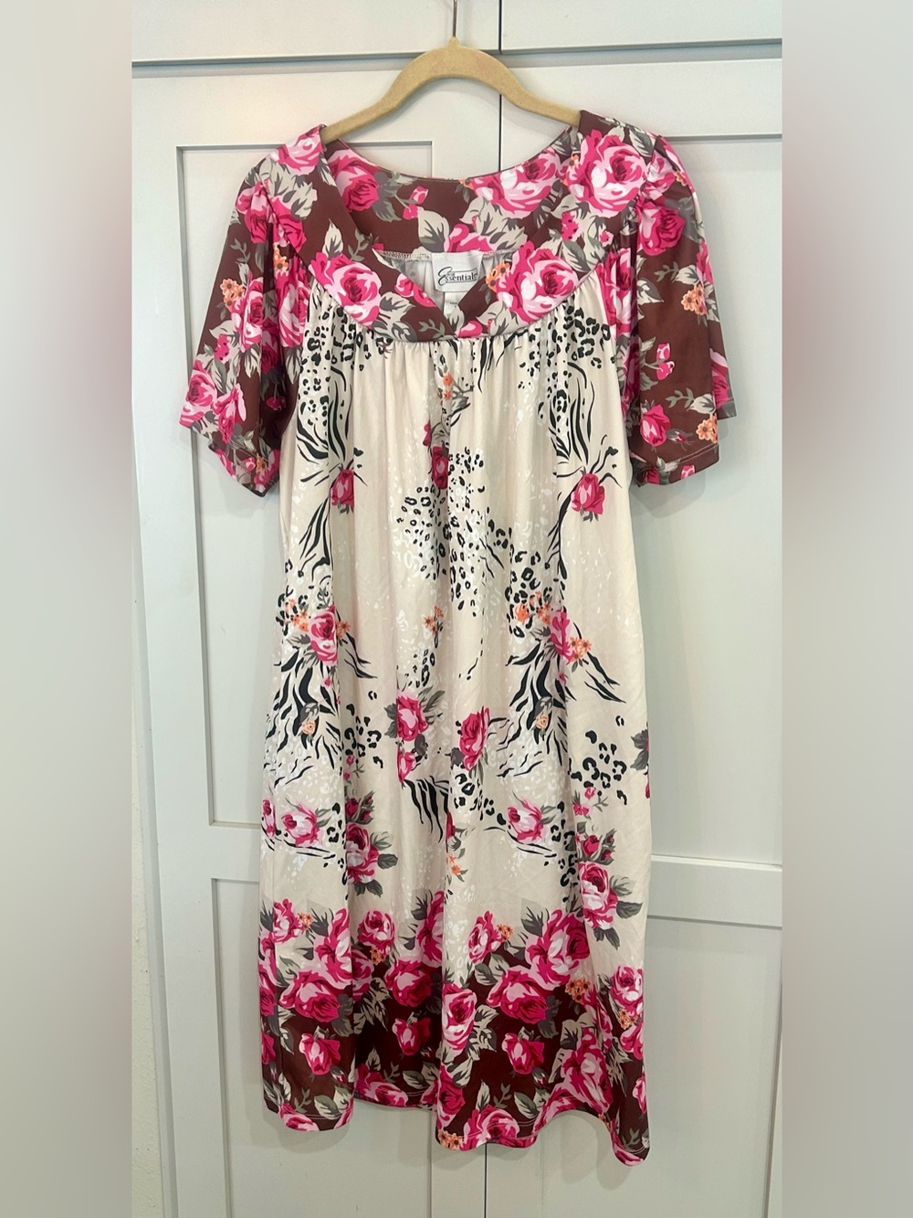 Essentials Cream and Brown Muumuu Dress with Pink Floral Print pockets!!